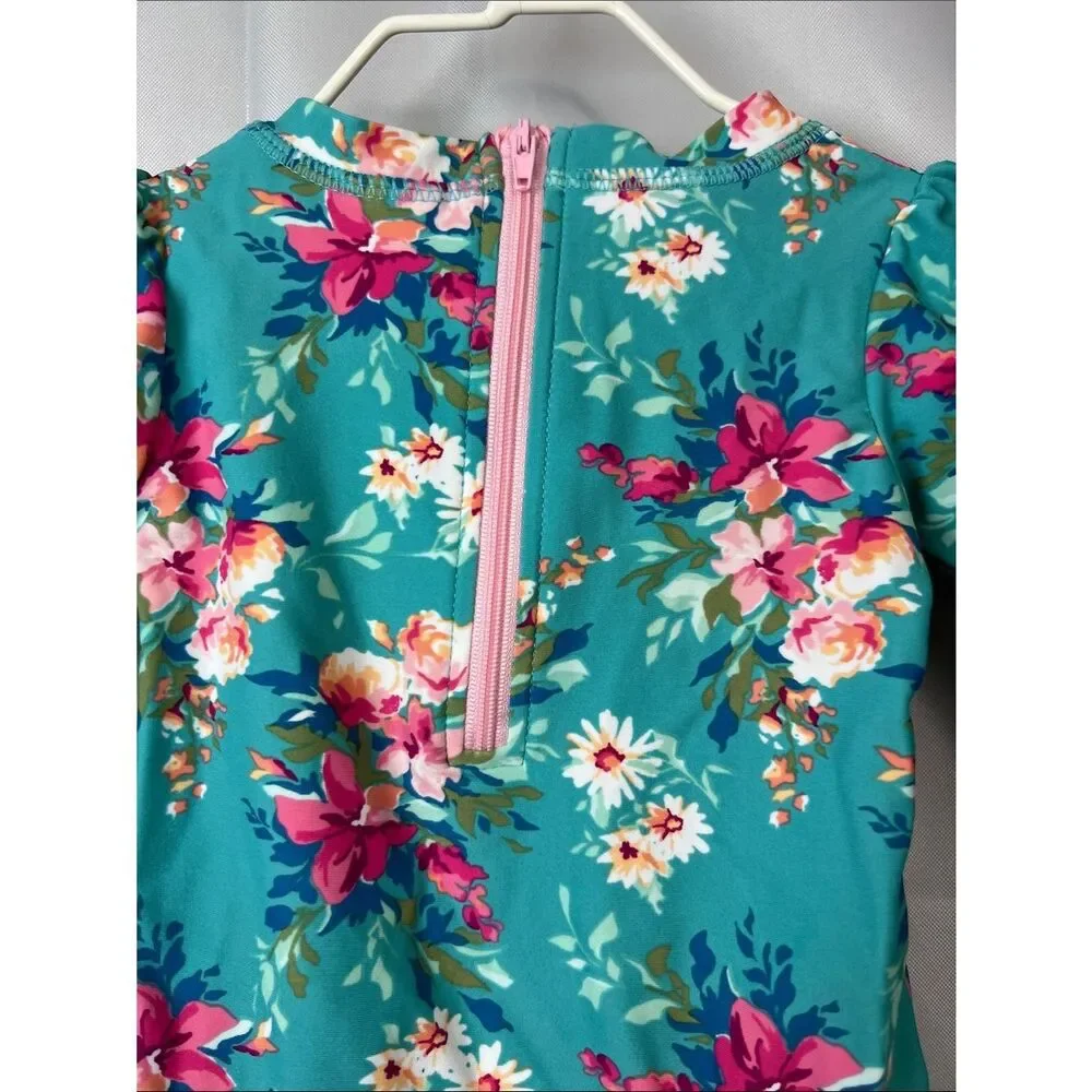 RuffleButts green and pink floral back zipper rash guard one piece swim 6-2 m